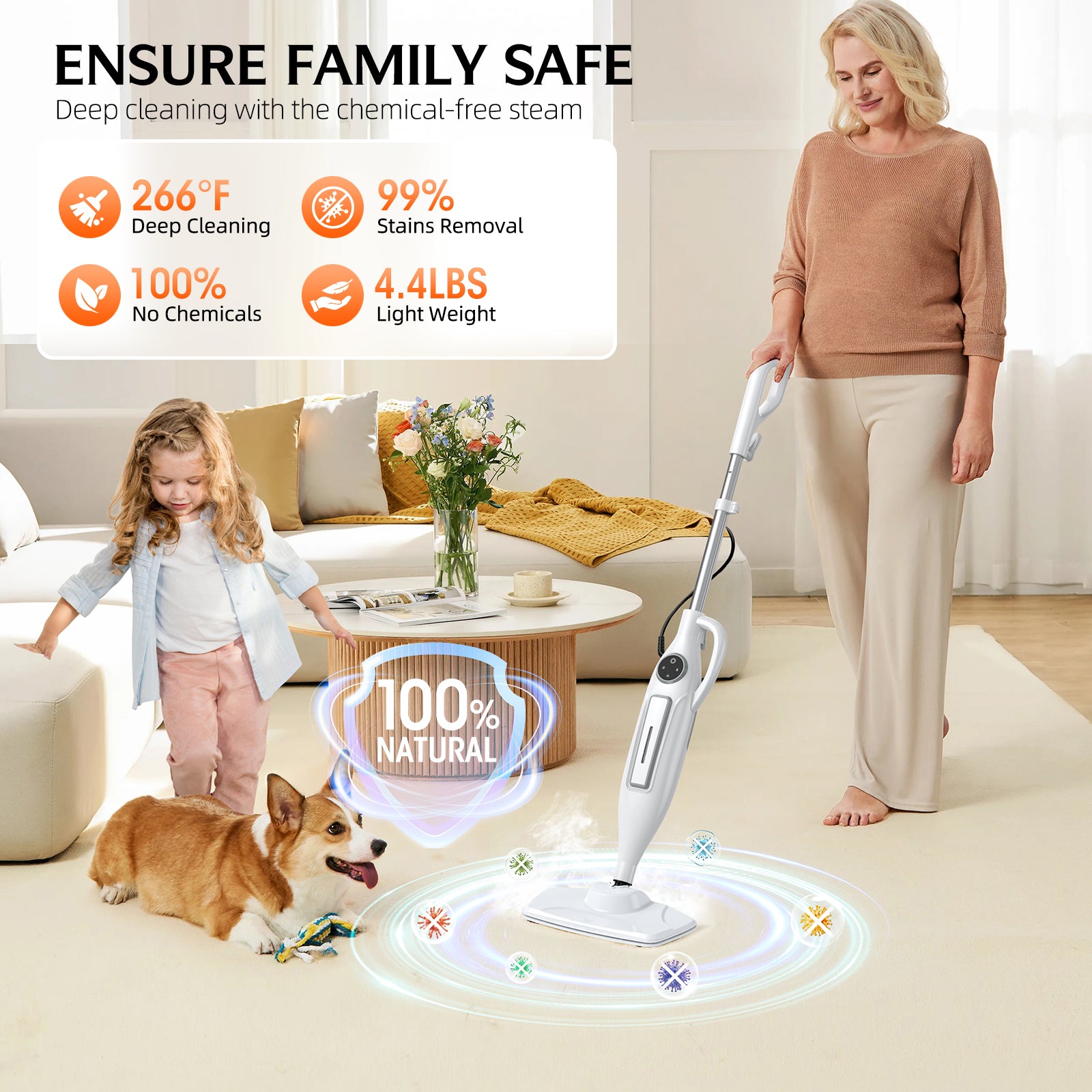 10-in-1 Steam Mop, Powerful Handheld Steam Cleaner for Home with 23FT Cord, Removable Water Tank, 266℉Deep Cleaning, 2 Steam Modes, Multi Purpose Steam Mop for Hardwood Floor, Laminate, Carpet